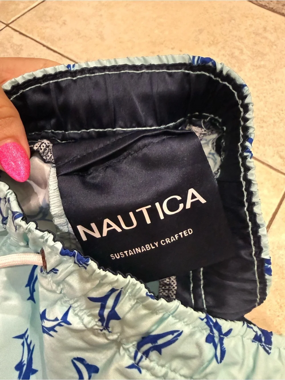 Nautica Light Blue Swim Trunks with Navy Shark Print